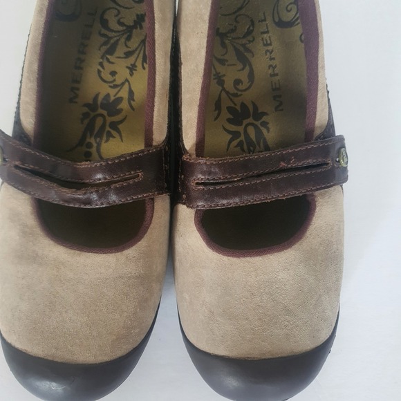 Merrell Plaza Bandeau Mary Jane Sz 9 Women Brown Wedge Taupe Suede Leather - Picture 9 of 14